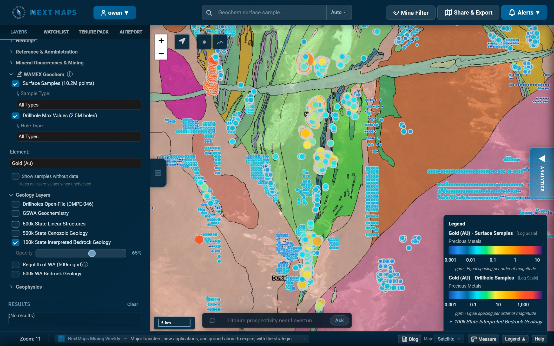 The NextMaps WA map with the layer tree open and a geoscience layer enabled